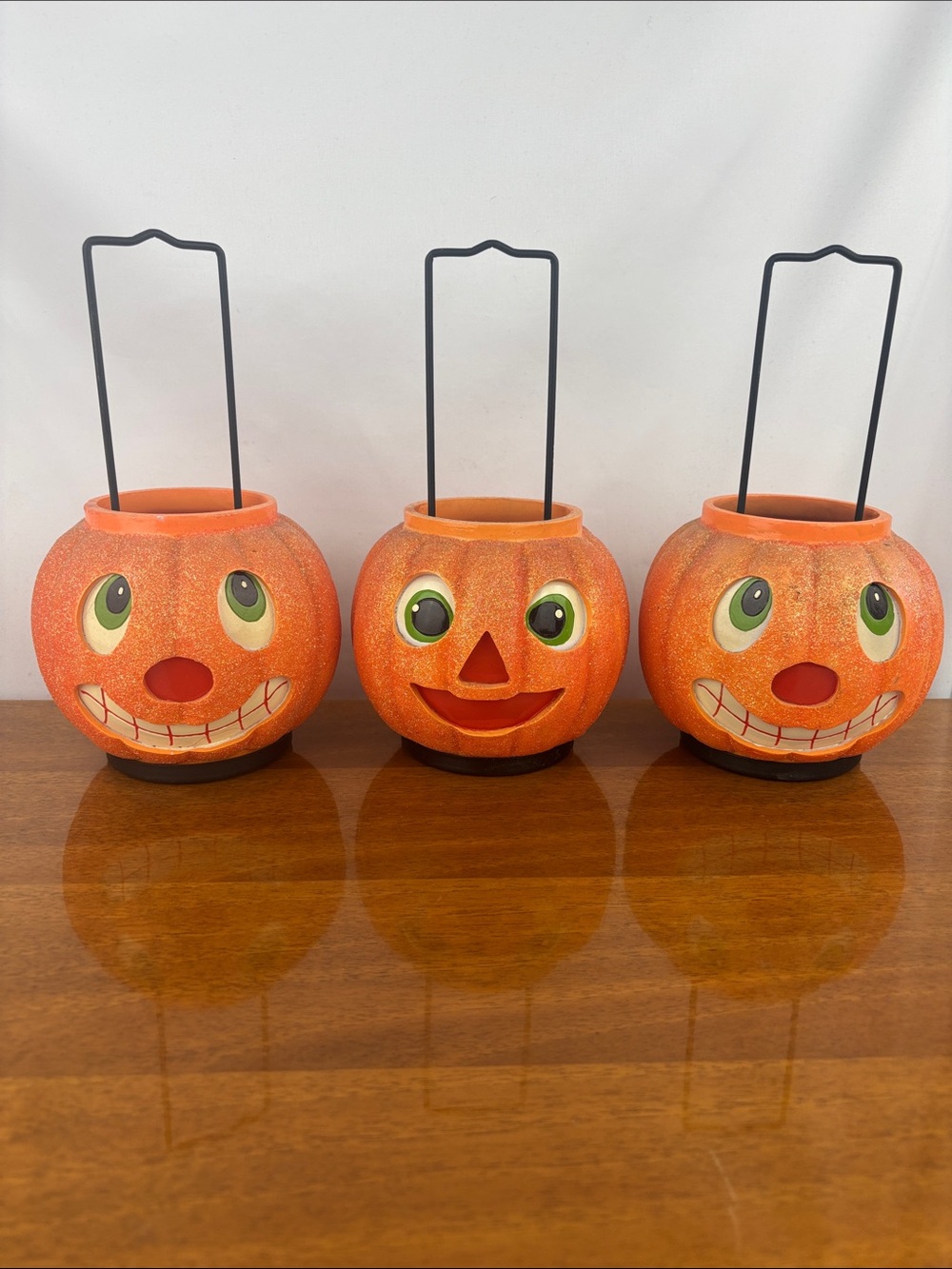 Vintage ceramic Illuminations pumpkin jack-o-lantern set of three Halloween